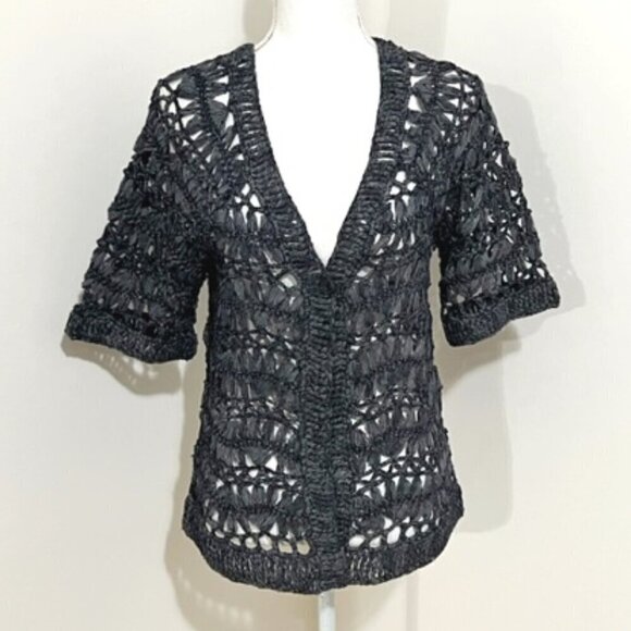 Chicos Blue Gray Twist Pinstripe Crochet Cardigan Sweater - Picture 1 of 7